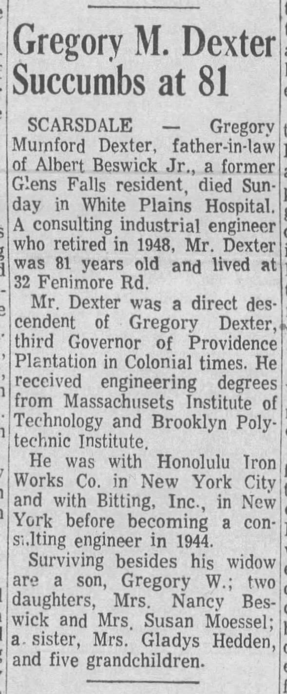 Gregory Mumford Dexter - Obit